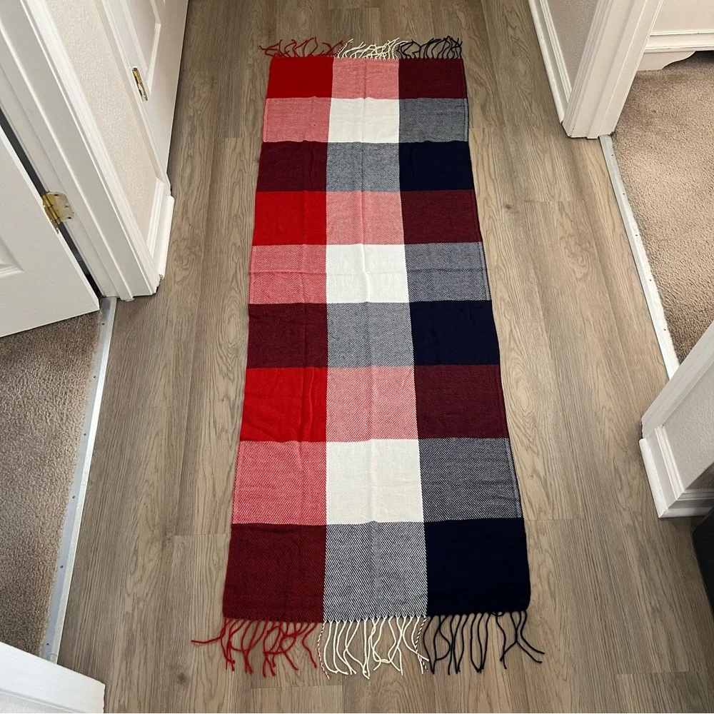 Oversized Plaid Blanket Scarf Red Navy Ivory Fringe